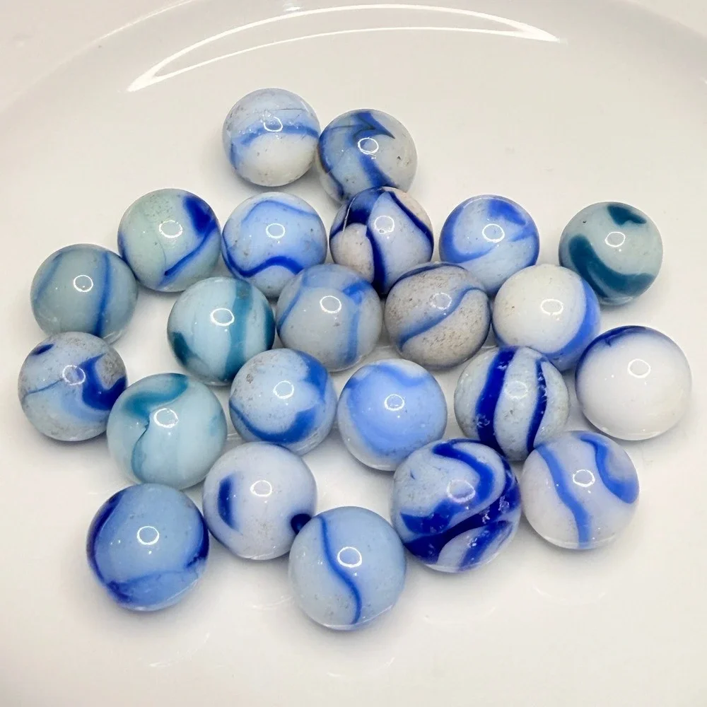 Vintage Blue & White Swirl Glass Marbles Lot (~25) – Vitro Style – Mixed Cond.